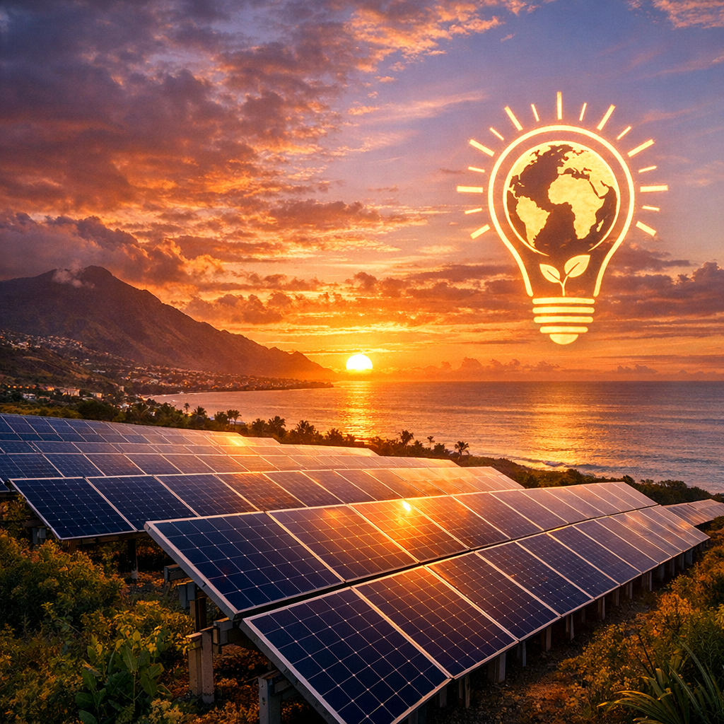 Coucher de soleil à La Réunion avec panneaux solaires symbolisant l'avenir énergétique